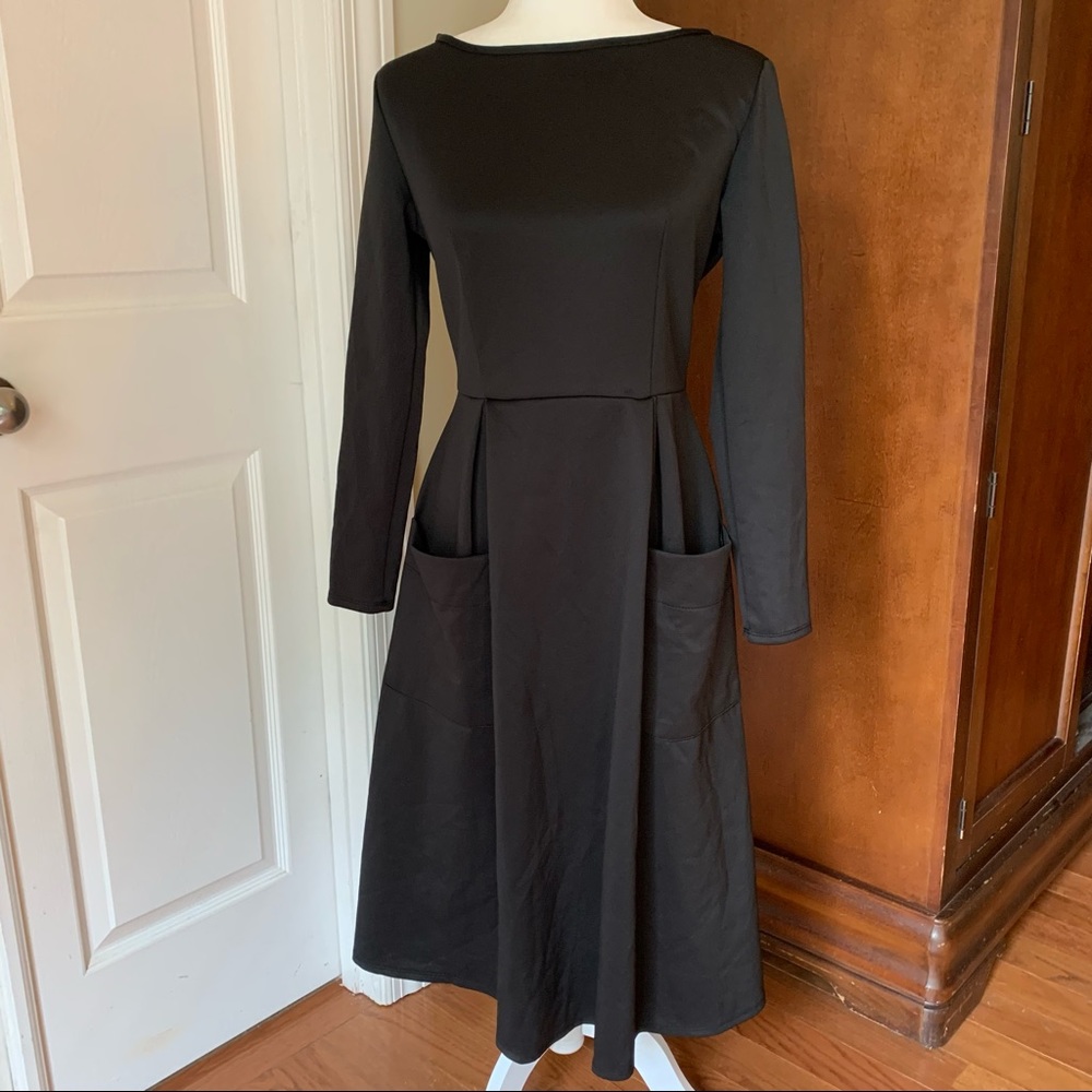 Black long sleeve dress with front pockets - Halloween witch costume - M